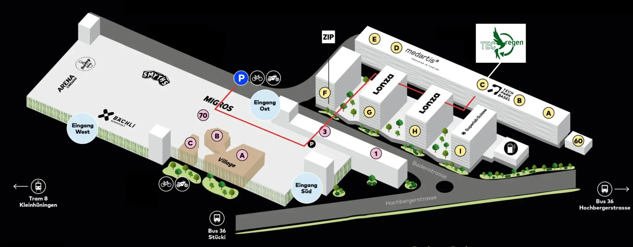 Building diagram indicating the location of TECregen at Stücki Technology Park Basel 